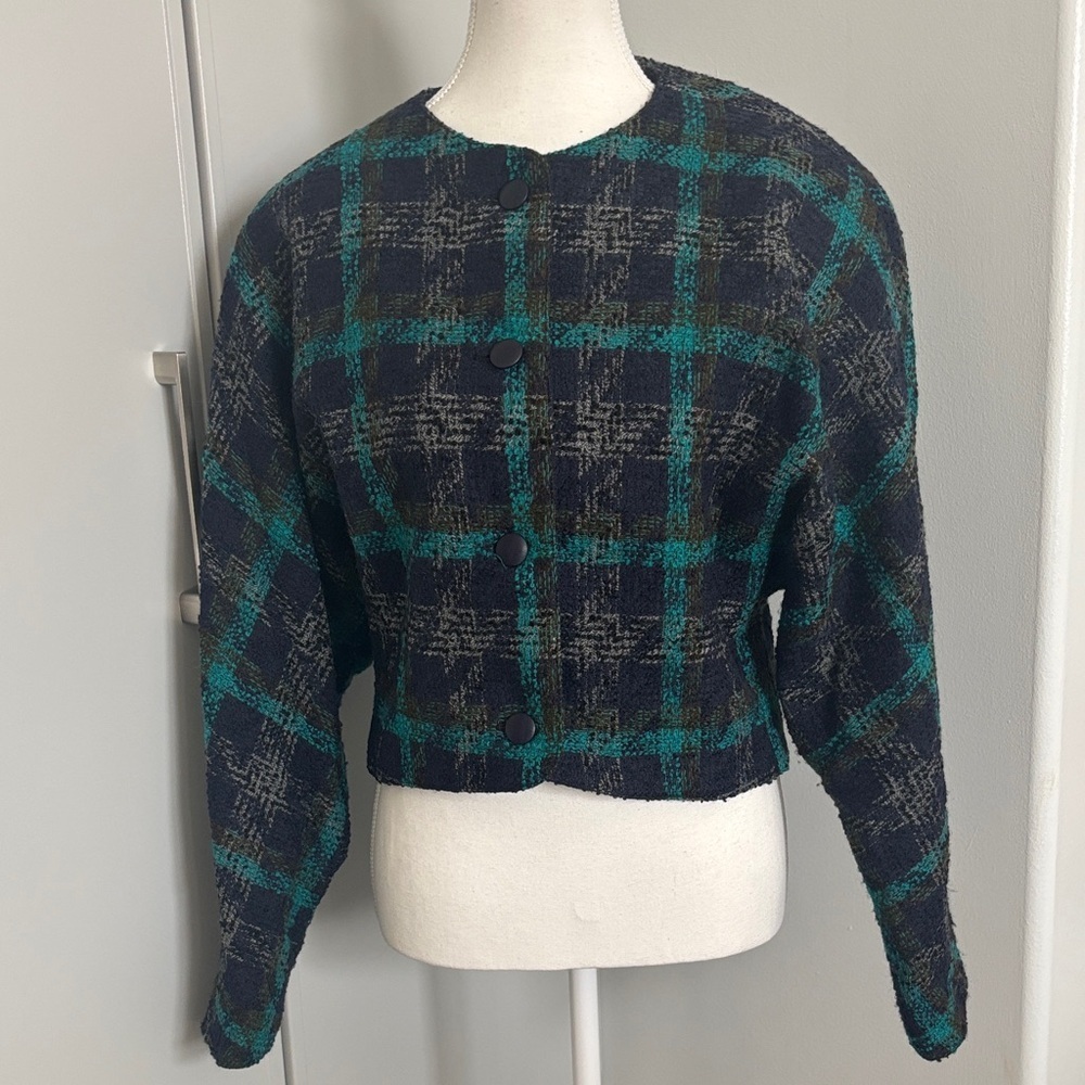 Vintage Wool Plaid Button-Up Cropped Jacket